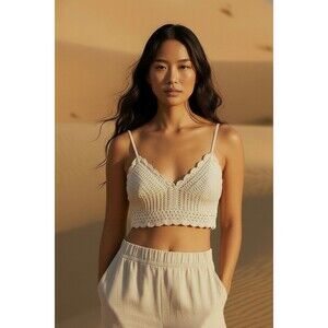 B.O.G Womens Crop Tank Sz M Crochet Knit Cream Boho Festival Coachella Western